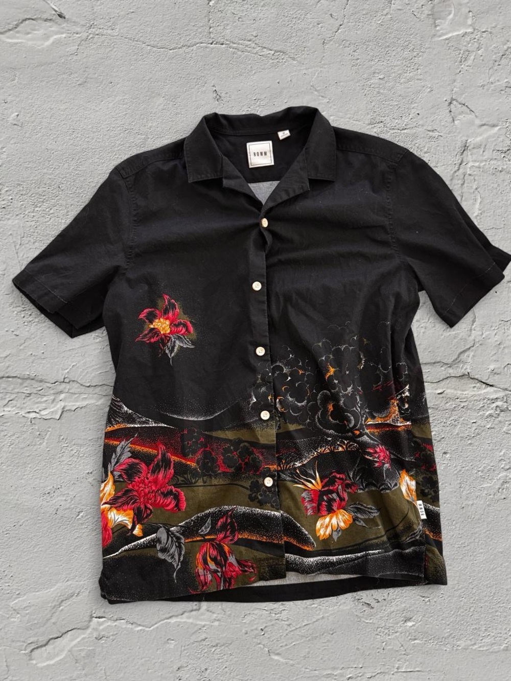 ROWM Black Floral Short-Sleeve Button-Down Shirt with Red and Yellow Accents